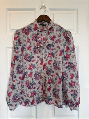 Vintage Floral Ruffle-Collar Blouse, Likely Size Small